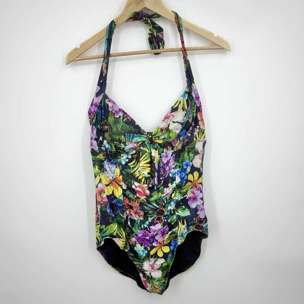 Seafolly One Piece Swimsuit Womens 16 Halter Neck Floral Colorful Boho Ruched